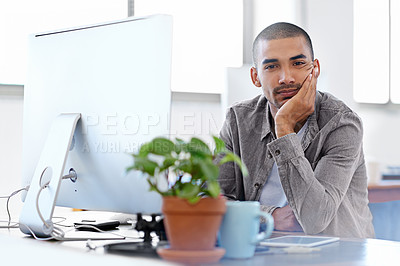 Buy stock photo Thinking, portrait or man on computer for problem solving, solution or online firewall troubleshooting. Startup, cybersecurity upgrade or web developer typing for information technology or pc system