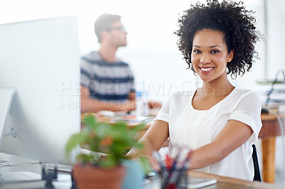 Buy stock photo Portrait, web design or happy African woman on computer for digital project development or problem solving. Smile, designer or person reading solution on technology in creative startup or business