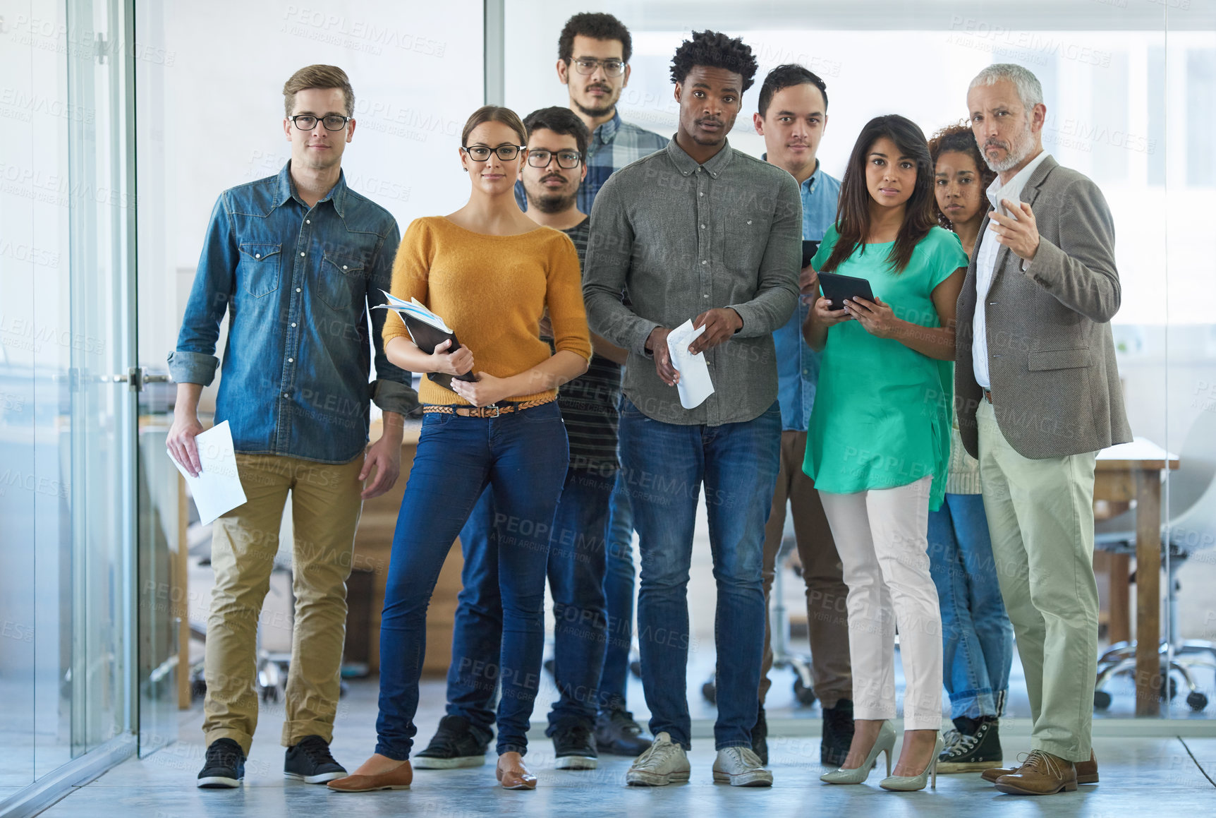 Buy stock photo Portrait, diversity or business people in office with planning documents, teamwork or collaboration. Hiring, solidarity or creative agency with open day offer for student, invitation or recruitment