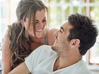 Buy stock photo Couple, home and smile in closeup and together for bonding, love or happy for relationship. Man, woman and house with happiness for relax with trust, vacation or holiday with partner in Paris