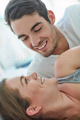 Buy stock photo Couple, bedroom and happiness in closeup and together for bonding, love or happy for relationship. Man, woman and smile for relax in hotel with trust, vacation or holiday with partner in Paris Europe