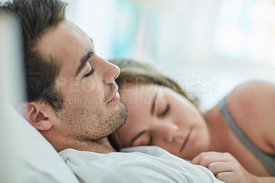 Buy stock photo Love, sleeping and couple hug in bed with peace, safety and security, comfort and bonding in their home. Relax, sleep and people in bedroom with nap, snooze or lazy morning, dream or rest in a house