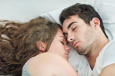 Buy stock photo Relax, sleeping and couple hug in bed with love, safety or security, comfort and top view bonding at home. Peace, tired or people in bedroom with nap, snooze or lazy morning, dream or rest in a house