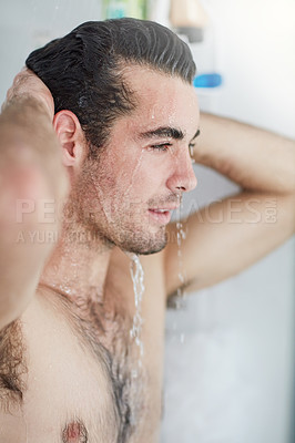 Buy stock photo Shower, washing and water for body, man and splash on face, morning and hygiene in apartment for health. Bathroom, liquid and person with muscle, grooming and cleaning or bath for skincare in home