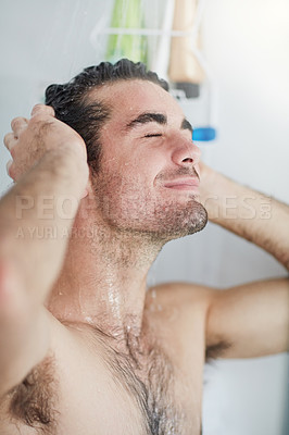 Buy stock photo Shower, hygiene  and water for body, man and splash on face, morning and washing in apartment for health. Bathroom, liquid and person with muscle, grooming and cleaning or bath for skincare in home