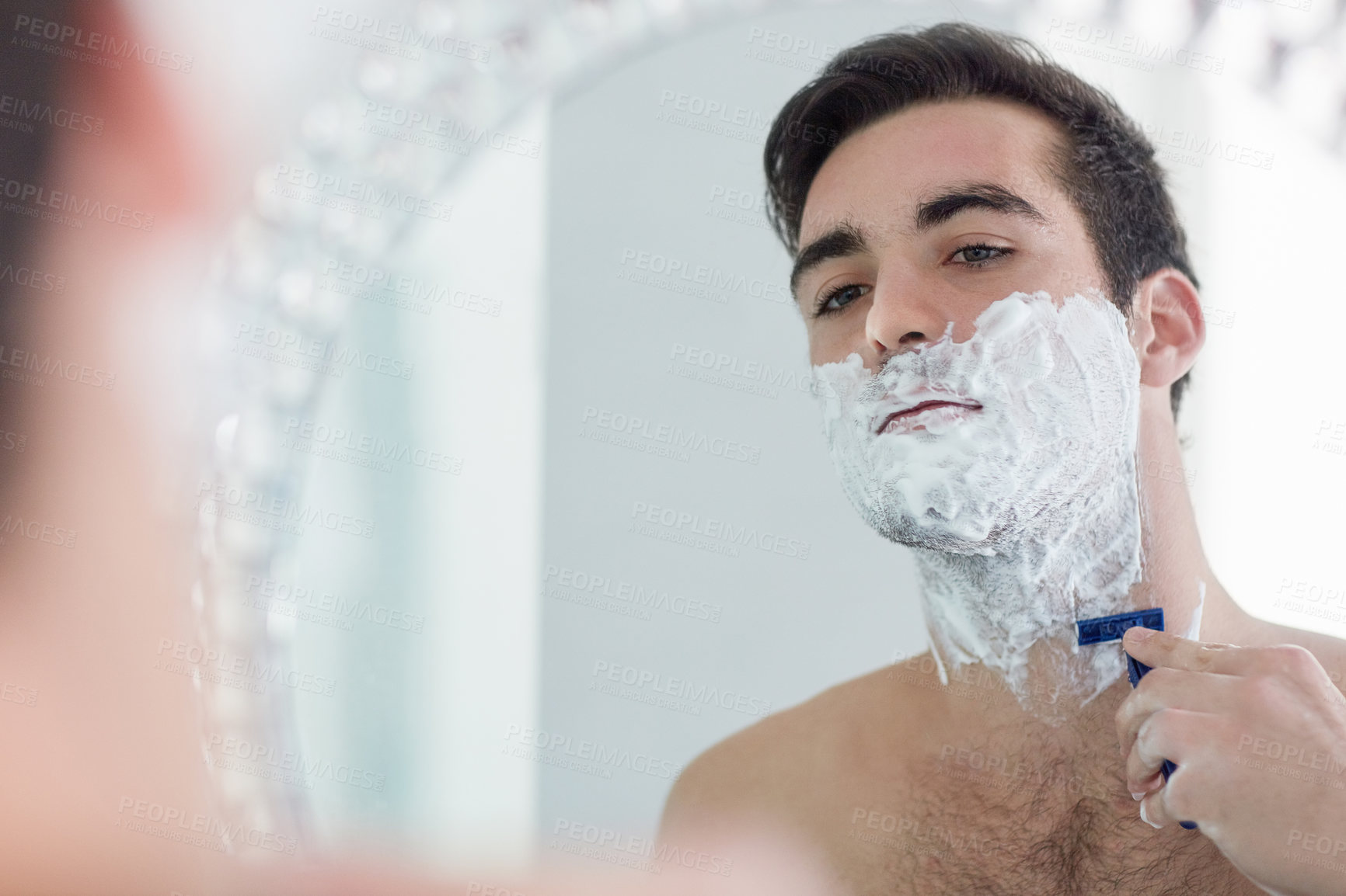 Buy stock photo Skincare, mirror and man with beard, shave and hair removal with product, razor and reflection of person. Bathroom, cleaning and cream for face, cosmetics and grooming in home for guy and results