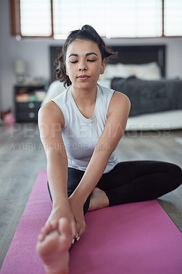 Buy stock photo Yoga, stretch and woman in home on mat, health and zen for wellness or body wellbeing. Pilates, energy and training for breathe work for female person, holistic exercise and floor for chakra healing 