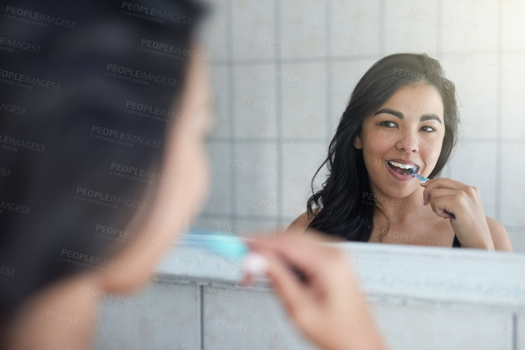 Buy stock photo Brushing teeth, dental and oral hygiene with girl for healthcare, wellness and fresh by mirror in bathroom. Health, tooth whitening, gum care and cleaning mouth with woman as morning routine at home