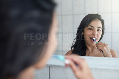 Buy stock photo Brushing teeth, dental and hygiene with girl for healthcare, wellness and fresh by mirror in bathroom. Health, tooth whitening, gum care and cleaning mouth with woman as morning routine at home