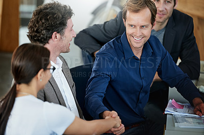 Buy stock photo Business people, handshake and talking in office for partnership, b2b deal or collaboration. Colleagues, teamwork or networking in meeting for recruitment, interview and onboarding opportunity