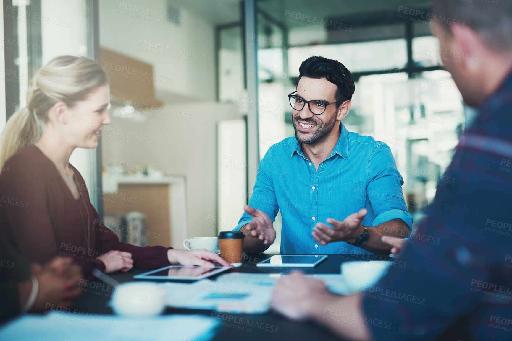 Buy stock photo Business people, teamwork and meeting with discussion in boardroom for finance project and investment planning. Professional, collaboration and employees with tablet, paperwork or strategy with ideas