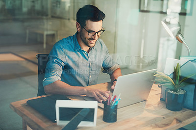 Buy stock photo Man, writer and laptop with smile in office for typing, ideas or thinking for literature, review or research. Person, editor and happy by computer with scroll, planning or deadline at creative agency