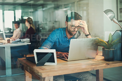 Buy stock photo Office, stress and businessman with laptop for writing article and research online for news project. Journalist, typing and writer with headache from hard work in review of press, info and reading 