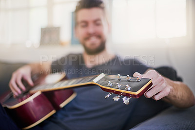 Buy stock photo Home, talent and person with guitar, play and skills for music, art and ready for performance in show. House, equipment and artist with instrument, hands and creative with fingers, solo and band
