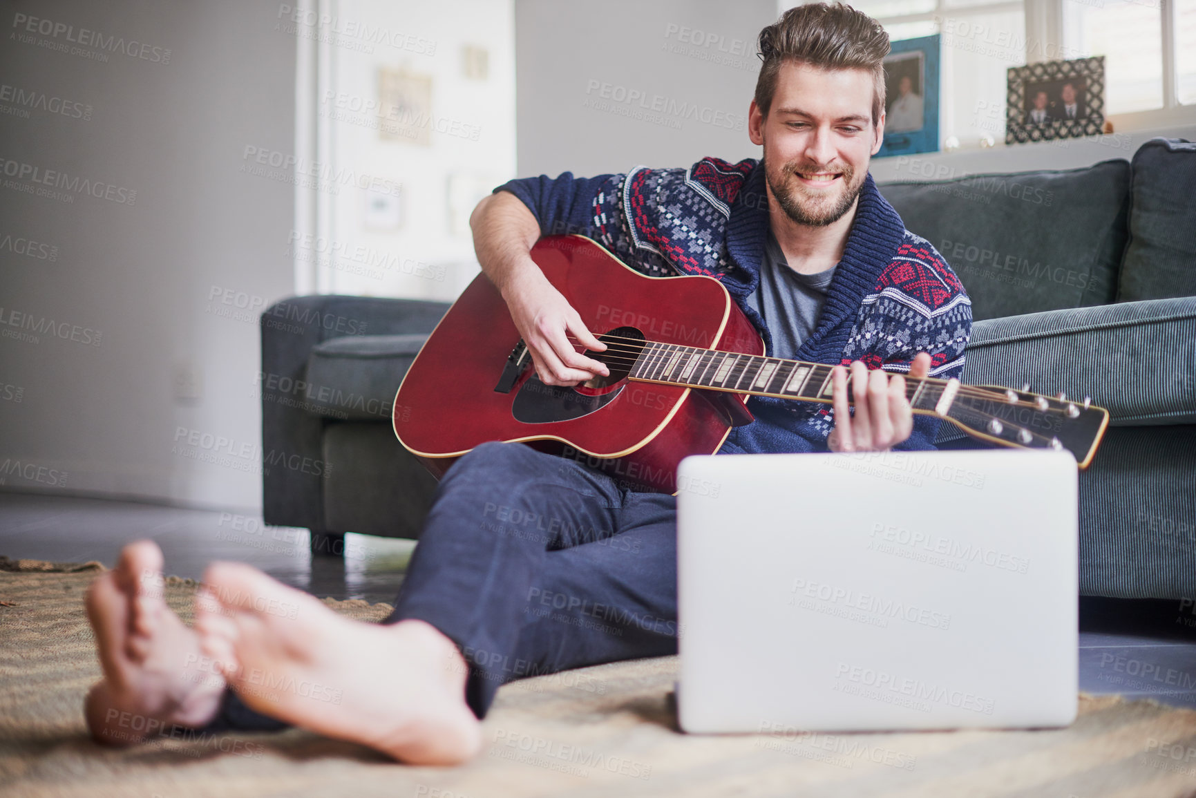 Buy stock photo Record, talent and man with guitar, laptop and skills for music, art and ready for performance in show. House, equipment and artist with instrument, hands and creative with fingers and live streaming