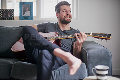 Buy stock photo Relax, talent and man with guitar, play and skills for music, art and ready for performance in show. House, equipment and artist with instrument, hands and creative with fingers, solo and band