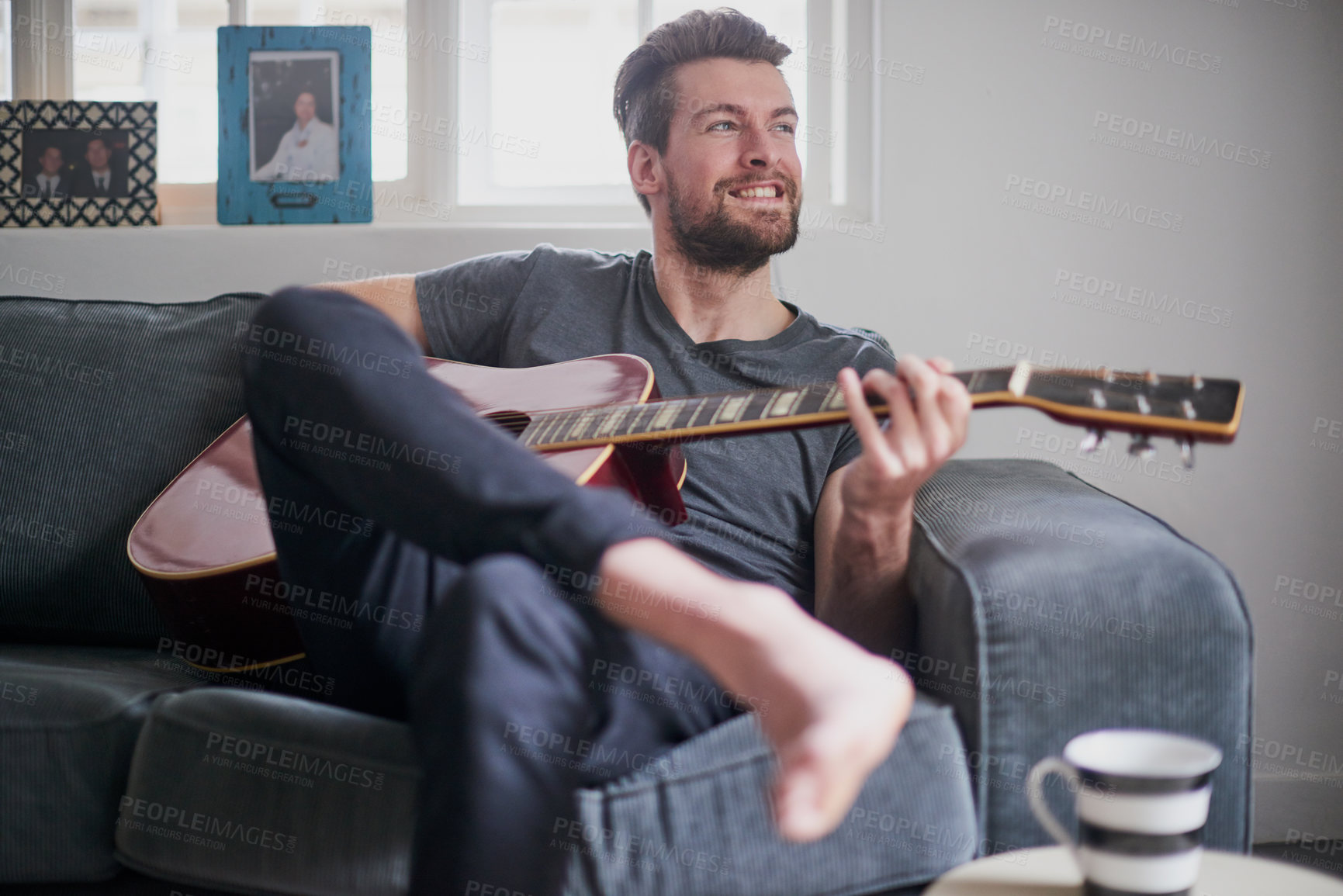 Buy stock photo Relax, talent and man with guitar, play and skills for music, art and ready for performance in show. House, equipment and artist with instrument, hands and creative with fingers, solo and band