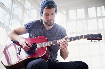 Buy stock photo Music studio, talent and man with guitar, play and skills for sound, art and ready for performance in show. Record, equipment and artist with instrument, hands and creative with fingers and solo