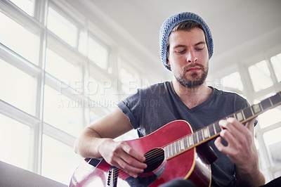 Buy stock photo Music studio, talent and man with guitar, skills and play for sound, art and ready for performance in show. Record, equipment and artist with instrument, hands and creative with fingers and solo
