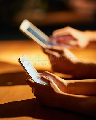 Buy stock photo Hands, cellphone and social media for communication, connection and networking platform at table. Gen z person, holding and mobile for contact, blog and online streaming for internet or website  