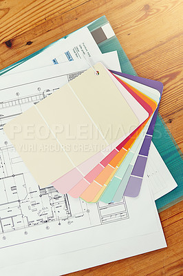 Buy stock photo Color, swatch and planning home renovation with blueprint on table from above with interior design. Creative, moodboard and decision for project in house with sketch of floor plan on desk in office