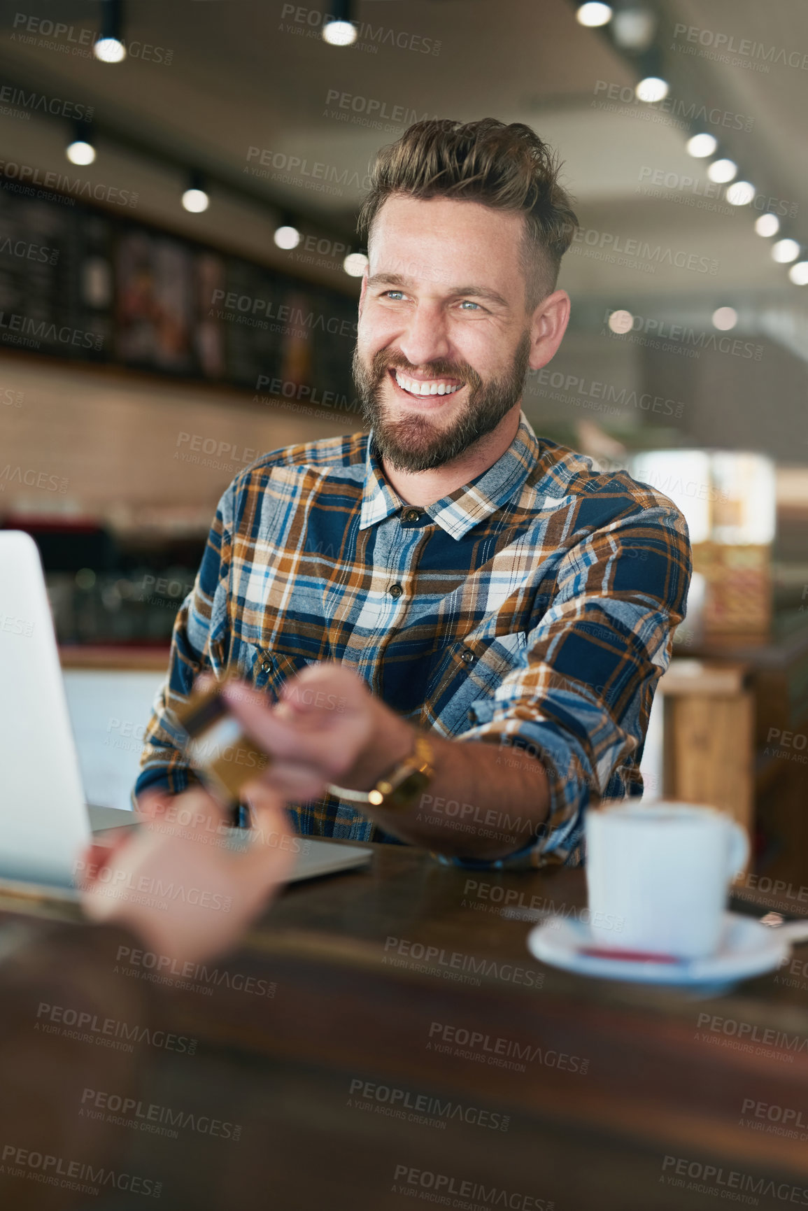 Buy stock photo Credit card, cafe and man with laptop, paying or search internet with connection, thinking or social media. Creative guy, freelancer or copywriting with technology, graphic designer and coffee shop