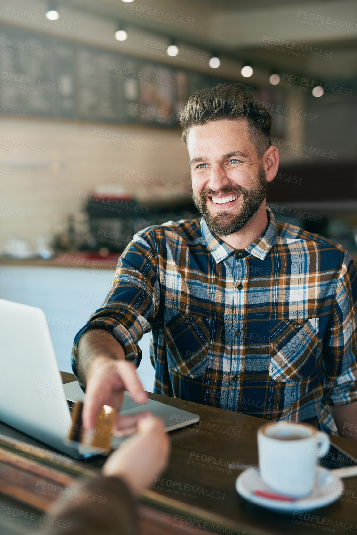 Buy stock photo Credit card, coffee shop and man with laptop, paying or search internet with connection, thinking or social media. Creative guy, freelancer or copywriting with technology, graphic designer and cafe