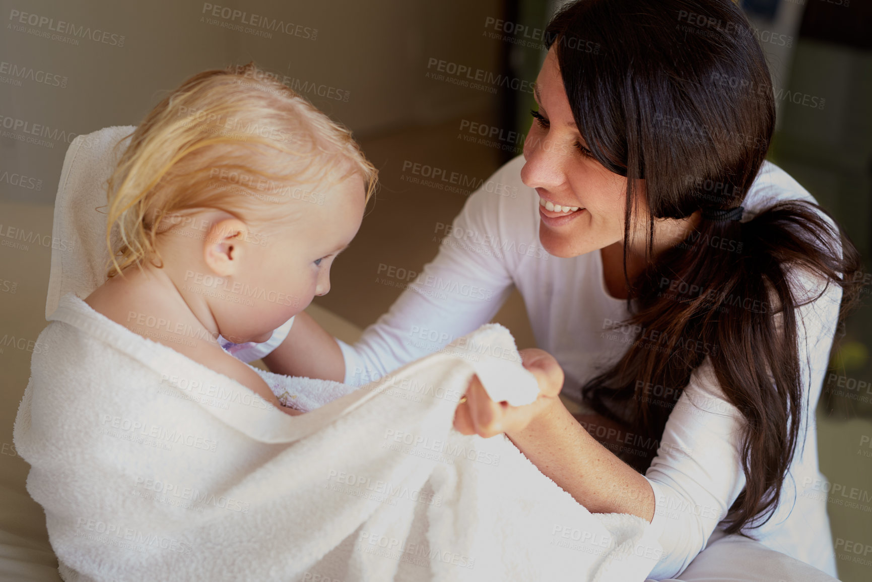 Buy stock photo Dry, towel or baby with mother in home for love, care or comfort for bonding, bathing or routine. Family, son or mom with boy child in bathroom with security or smile for cleaning, washing or shower