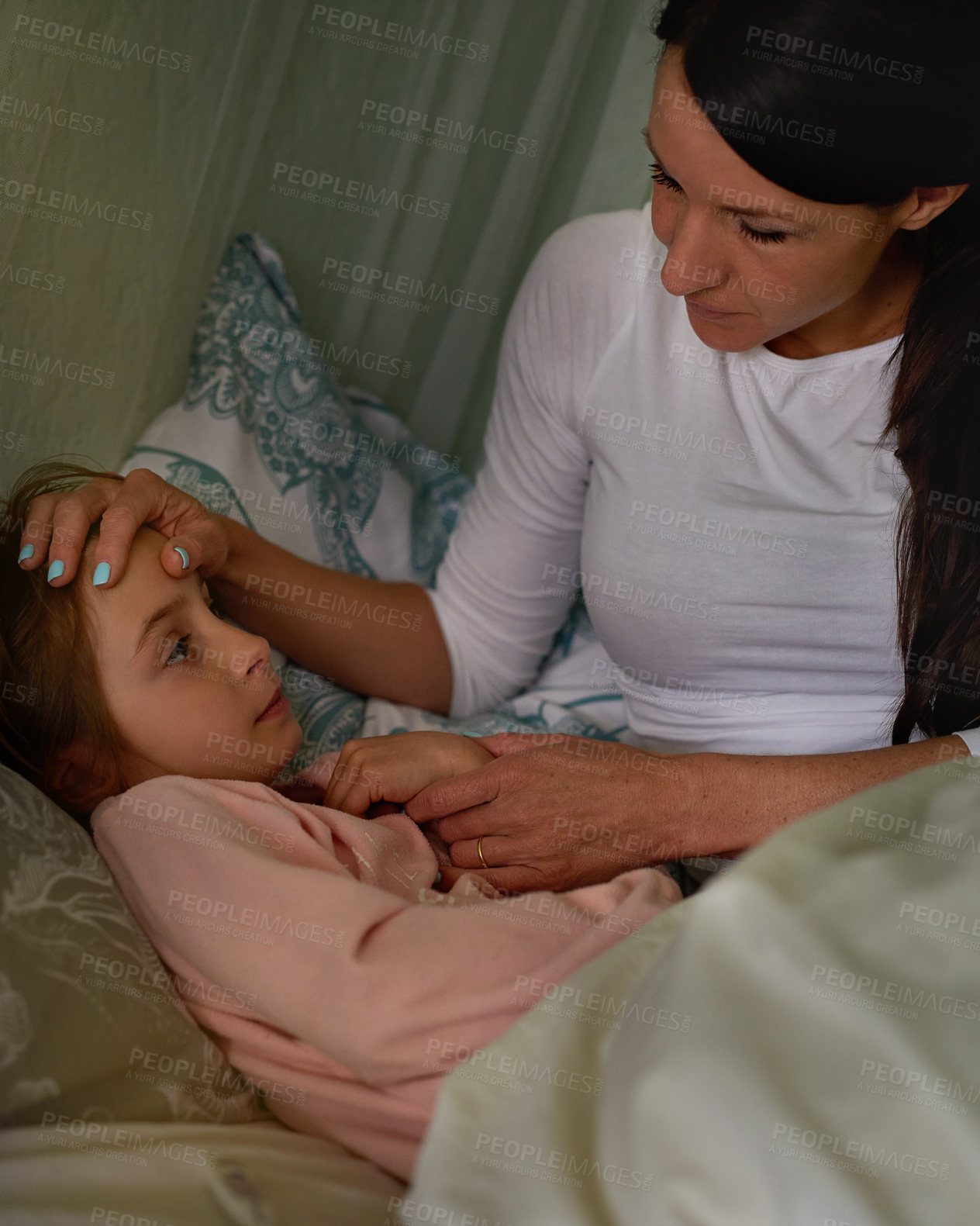 Buy stock photo Mother, bed and sick child with fever for healthcare, love or concern for illness, virus or infection at home. Mom taking care of tired little girl, kid or young daughter with cold or flu in bedroom