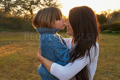 Buy stock photo Mother, girl and hug in outdoor nature, affection and together for bonding in backyard. Mama, daughter and embrace in park for love and care in garden, forest and support or security in parenthood