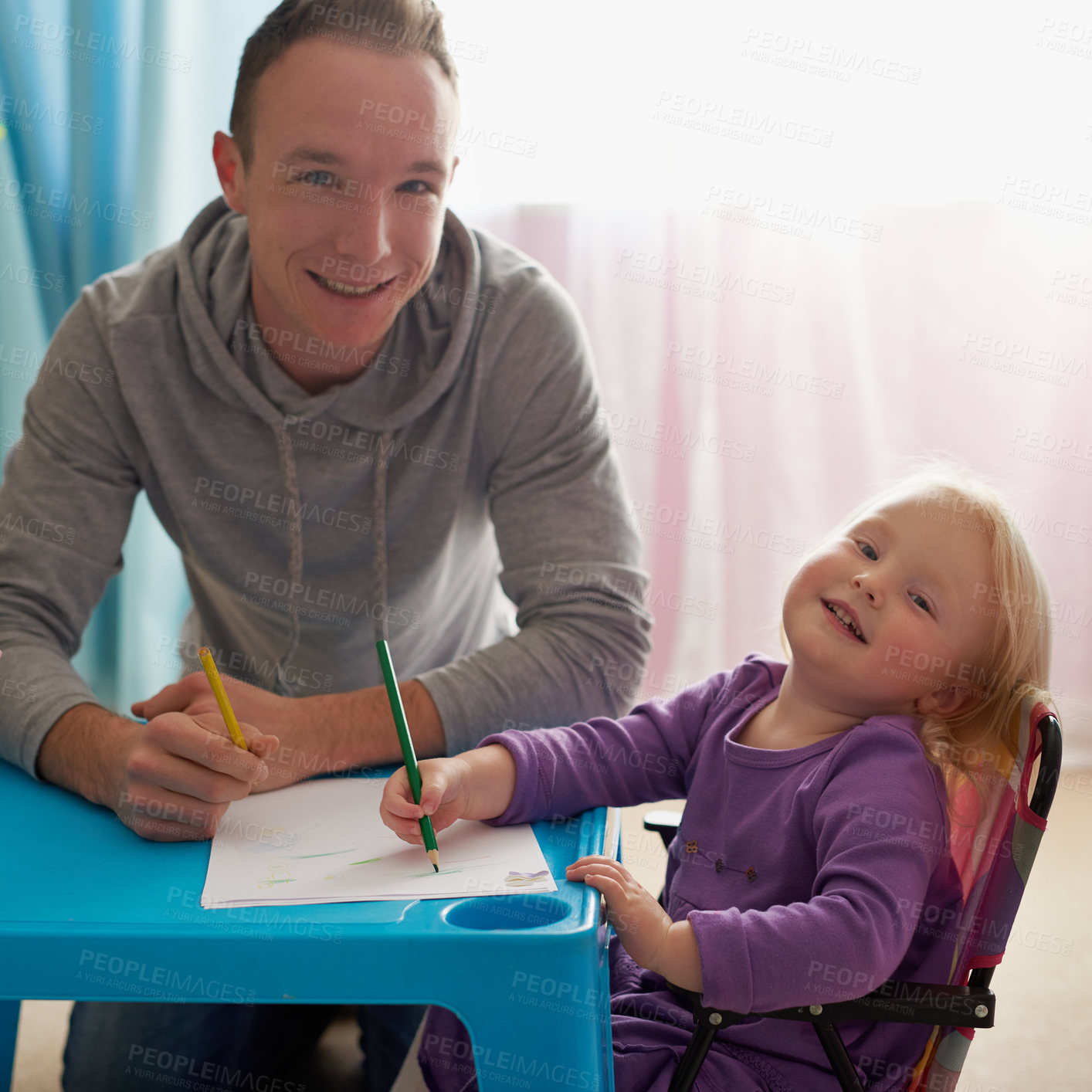 Buy stock photo Father, girl and table for drawing in home, creative or bonding for childhood development and educational growth. Happy family, art and toddler with parent, kids and care or learning on paper