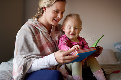 Buy stock photo Mother, girl and bed in home with book, holding and care for childhood development and bonding or growth with mama. Child, daughter and reading or happy in bedroom, together and family relationship