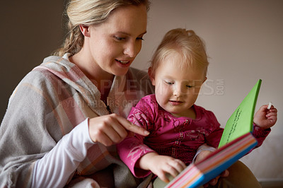 Buy stock photo Story, book and mother reading to child in home for learning language and development of creativity. Mom, relax and show girl fairytale with fantasy adventure in storytelling pictures and bonding 