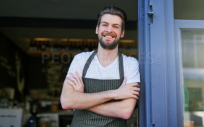 Buy stock photo Portrait, barista or coffee shop owner standing in front of store for proud job, good service and confidence. Male person, small business or cafe with arms crossed ready for work, staff or opening