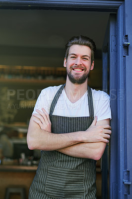 Buy stock photo Portrait, barista or coffee shop owner standing in front of store for proud job, good service and confidence. Male person, small business or cafe with arms crossed ready for work, staff or opening