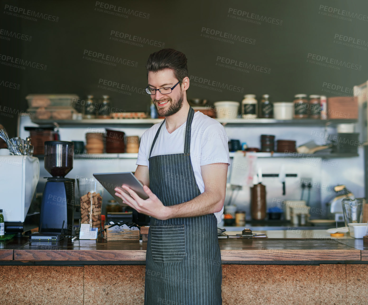 Buy stock photo Man, barista and tablet for order or sale in coffee shop for hospitality, take away and employee in bistro. Male person, small business and technology for customer service, cafe and food sales 