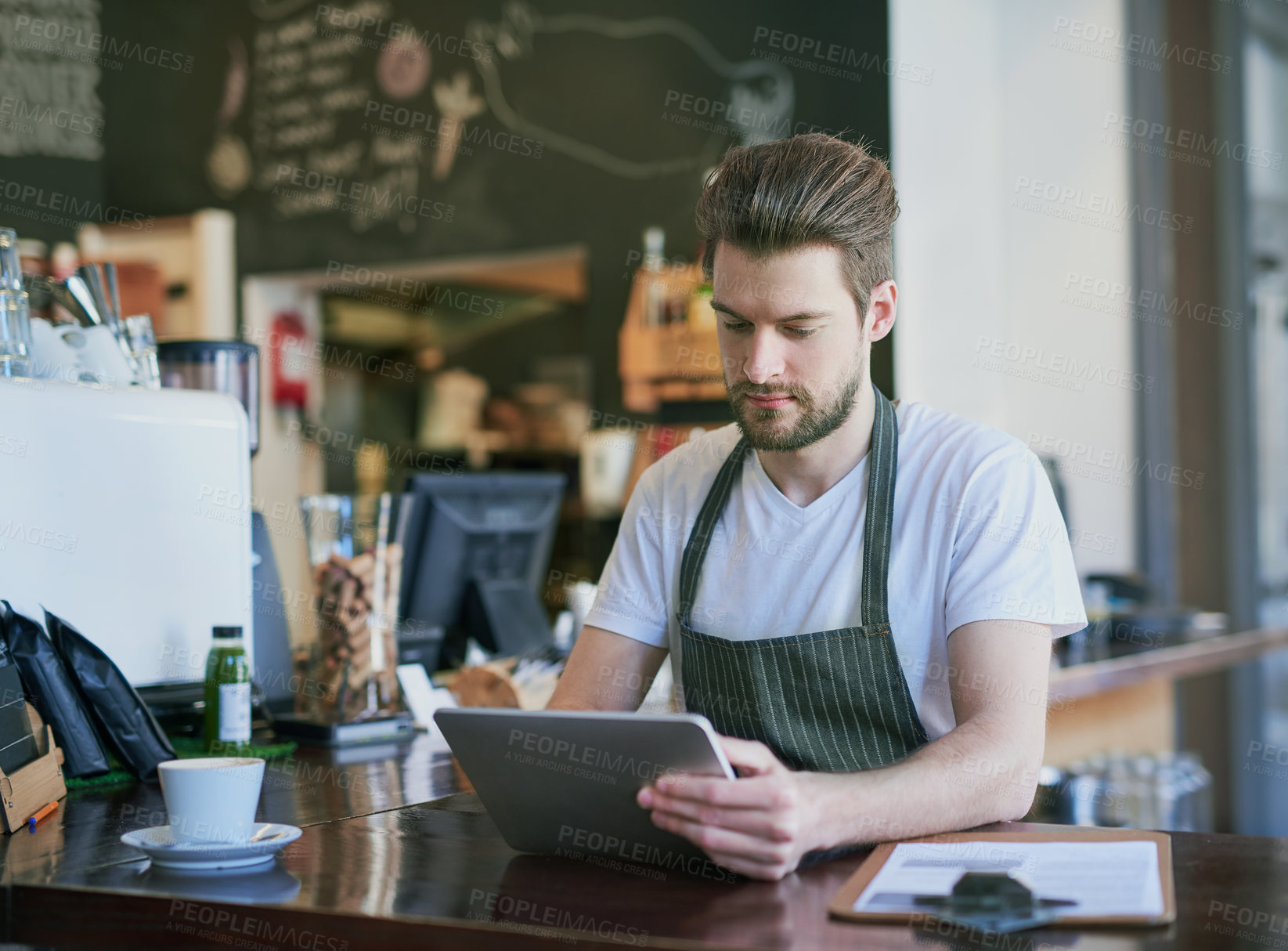 Buy stock photo Man, barista and tablet for online order, hospitality and take away in coffee shop. Male employee, small business and customer service in cafe for technology, hot beverage and service in restaurant 