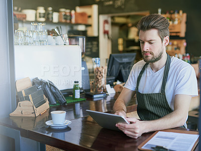 Buy stock photo Tablet, man and  barista for communication in coffee shop for hospitality, take away and bistro server. Male employee, small business and customer service in cafe for technology and food order