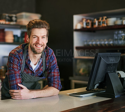 Buy stock photo Man, cashier and portrait in coffee shop, smile and proud owner of small business or customer service. Male person, entrepreneur and welcome hospitality at cafe, barista and happy employee at counter