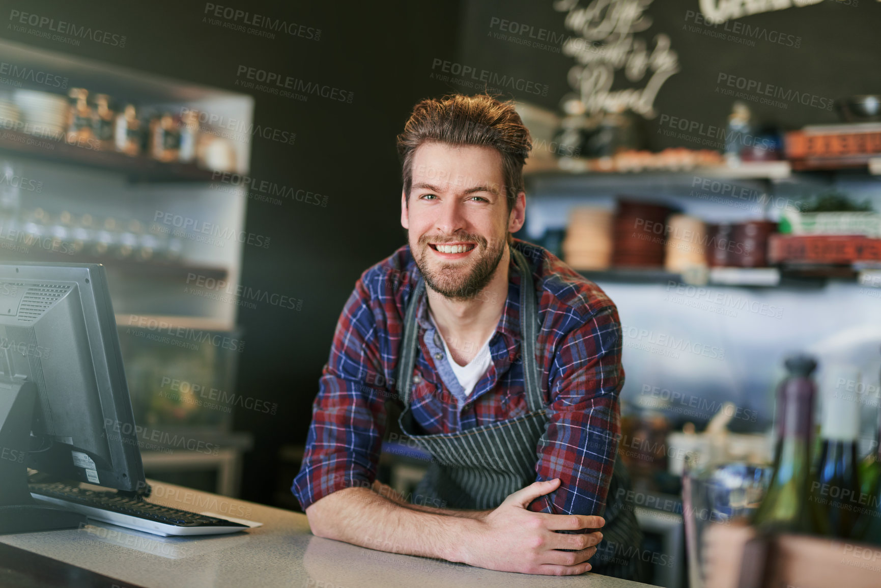 Buy stock photo Cafe, cashier and small business for man, portrait and smile for customer service and computer. Happy, employee and person in coffee shop, retail and barista in New York, morning and confidence