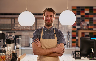 Buy stock photo Portrait, barista man and startup in cafe with arms crossed. Coffee shop, waiter and confident entrepreneur, happy and proud young male employee in Germany or small business owner of restaurant