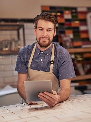 Buy stock photo Portrait, man and cafe with tablet for contact, online deal or beverage order at small business. Restaurant, barista or waiter in kitchen with tech for communication, networking or customer service