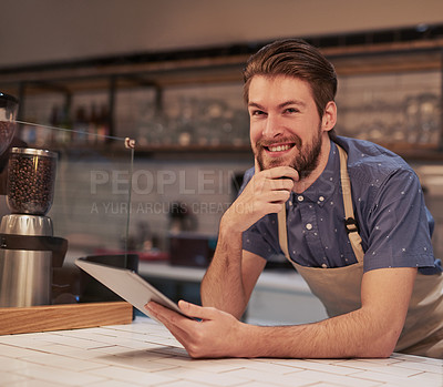 Buy stock photo Portrait, man and cafe with tablet for contact, online deal or beverage order at small business. Restaurant, barista or waiter in kitchen with tech for communication, networking or customer service