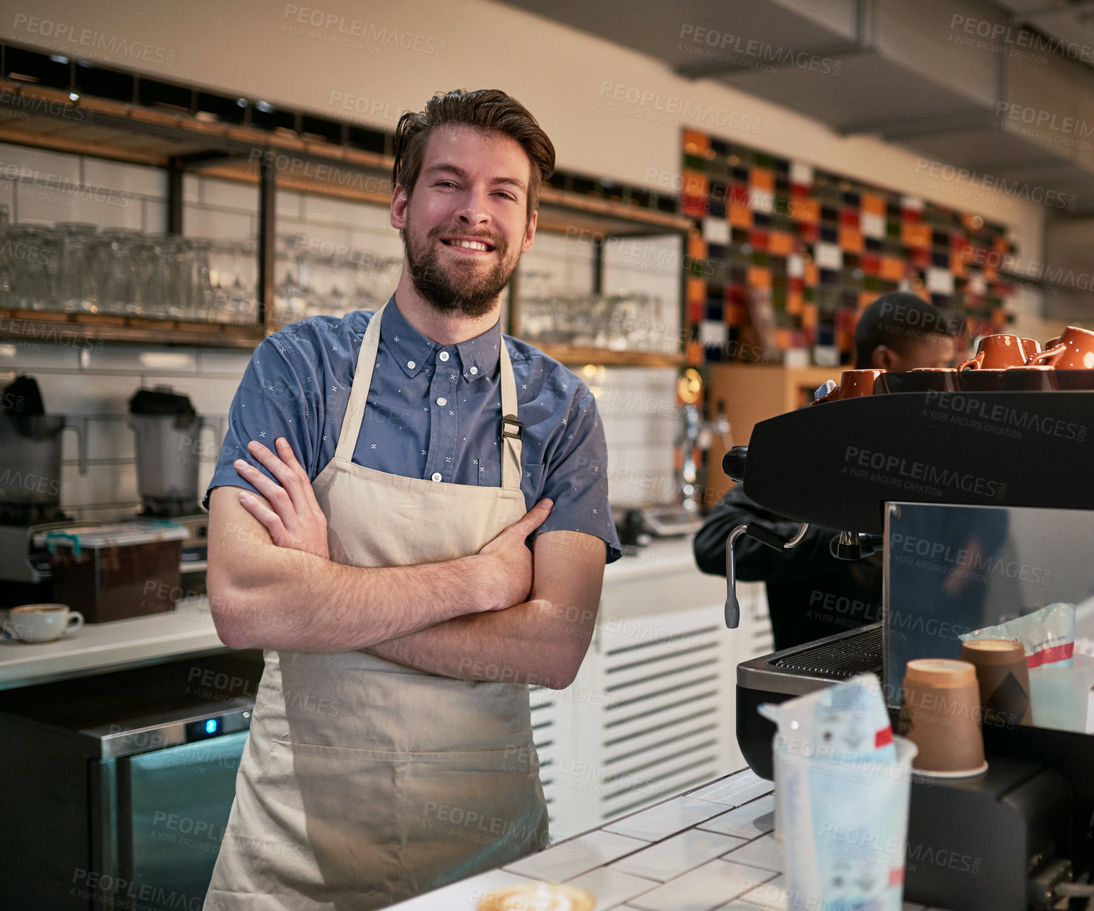 Buy stock photo Portrait, cafe and man with pride for small business with hospitality service, happy and machine for espresso. Apron, coffee shop and male entrepreneur with confidence for startup, barista and smile