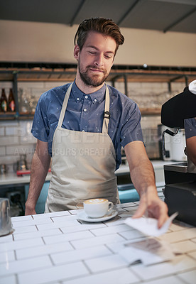 Buy stock photo Man, receipt and coffee in cafe for payment with hospitality service, small business and professional machine for drink. Apron, paper slip and male barista or waiter in restaurant for sales and work