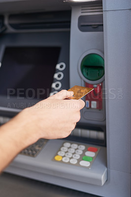 Buy stock photo Card, hand and atm in bank for withdrawal, cash and payment or deposit in savings account. Machine, person and transaction for money, balance and transfer with insurance against theft, fraud and scam