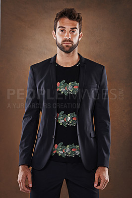 Buy stock photo Fashion, studio and portrait of businessman, business and clothing isolated on background. Confident, pose and corporate employee for happy male model, professional and formal and trendy outfit