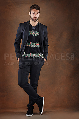 Buy stock photo Fashion, hipster and thinking male person, formal clothing and blazer on isolated on studio background. Confidence, trendy and contemporary businessman, clothes and body of stylish professional model