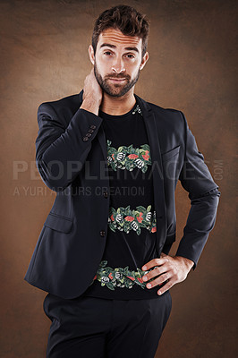 Buy stock photo Thinking, confused and portrait of businessman in studio with fashion, questions or how to guess on brown background. Why, doubt and male entrepreneur brainstorming outfit decision, style or choice