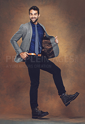 Buy stock photo Fashion, portrait and male person in studio, formal clothing and blazer on isolated on dark background. Smile, confident and trendy or contemporary businessman, clothes and body of stylish man model